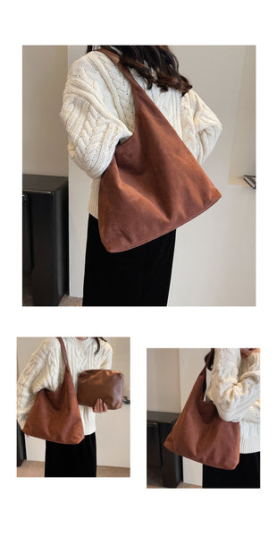 Womens Faux Suede Bucket Shoulder Underarm Bag Handbag Snap Closure Brown