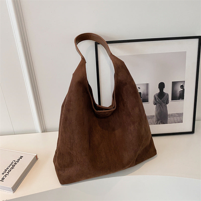 Womens Faux Suede Bucket Shoulder Underarm Bag Handbag Snap Closure Dark Brown