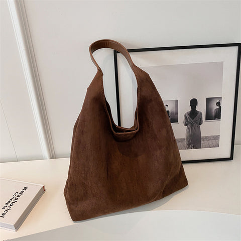 Womens Faux Suede Bucket Shoulder Underarm Bag Handbag Snap Closure Dark Brown