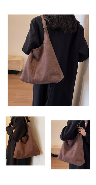 Womens Faux Suede Bucket Shoulder Underarm Bag Handbag Snap Closure Dark Brown