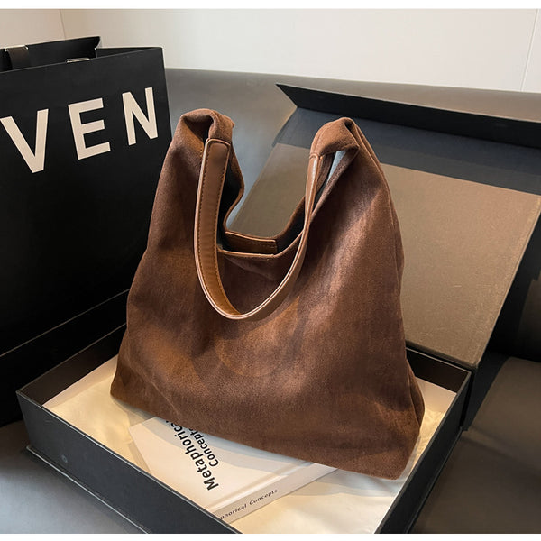 Womens Faux Suede Bucket Shoulder Underarm Bag Handbag Snap Closure Dark Brown
