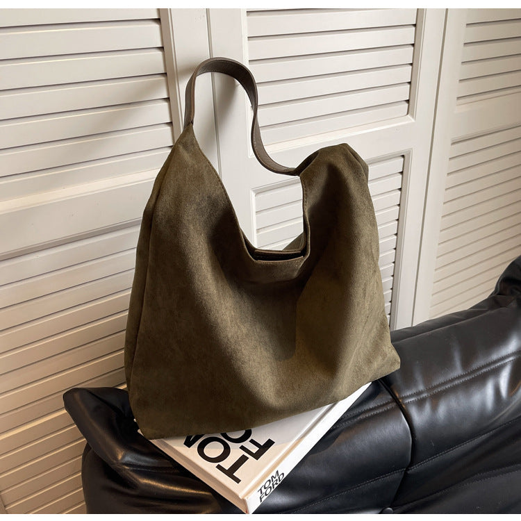 Womens Faux Suede Bucket Shoulder Underarm Bag Handbag Snap Closure Green