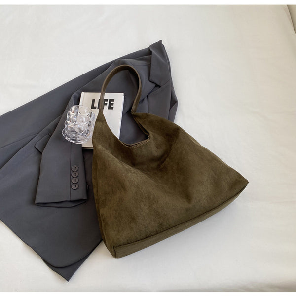 Womens Faux Suede Bucket Shoulder Underarm Bag Handbag Snap Closure Green