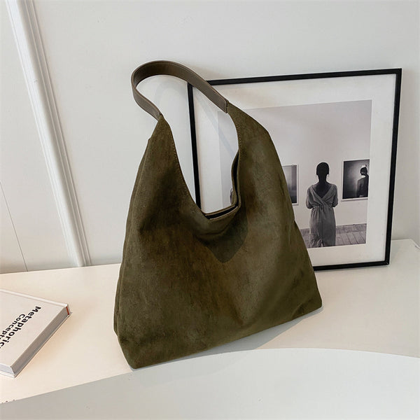 Womens Faux Suede Bucket Shoulder Underarm Bag Handbag Snap Closure Green