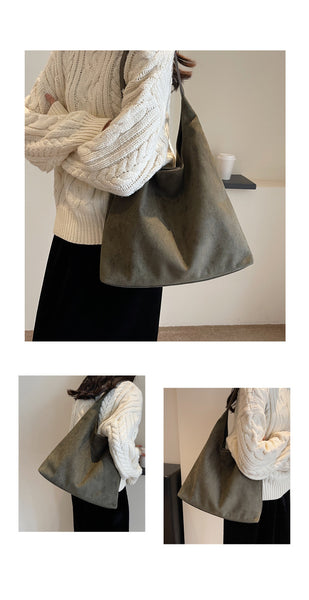 Womens Faux Suede Bucket Shoulder Underarm Bag Handbag Snap Closure Green