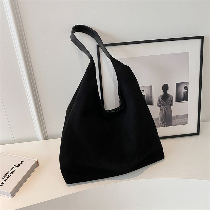Womens Faux Suede Bucket Shoulder Underarm Bag Handbag Snap Closure Black