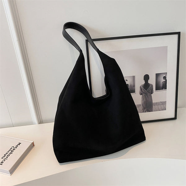 Womens Faux Suede Bucket Shoulder Underarm Bag Handbag Snap Closure Black