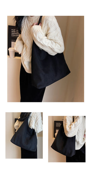 Womens Faux Suede Bucket Shoulder Underarm Bag Handbag Snap Closure Black