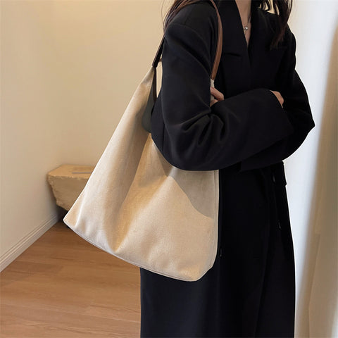 Womens Faux Suede Bucket Shoulder Underarm Bag Handbag Snap Closure Beige