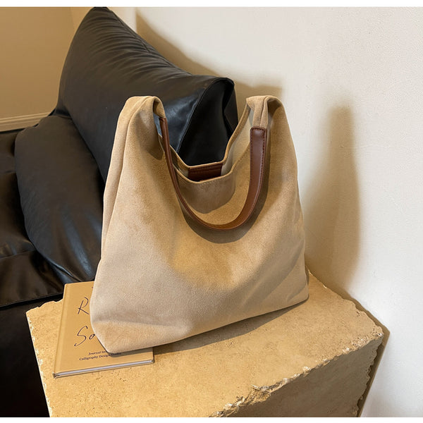 Womens Faux Suede Bucket Shoulder Underarm Bag Handbag Snap Closure Beige