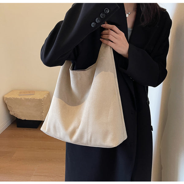 Womens Faux Suede Bucket Shoulder Underarm Bag Handbag Snap Closure Beige