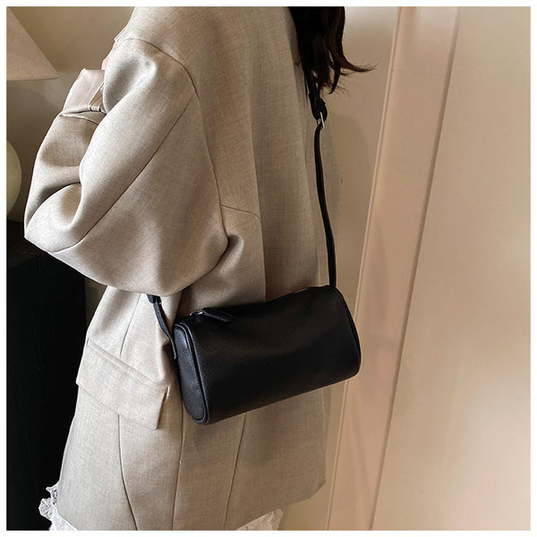 Round Cylindrical Faux PU Leather Shoulder Crossbody Bag Handbag Black