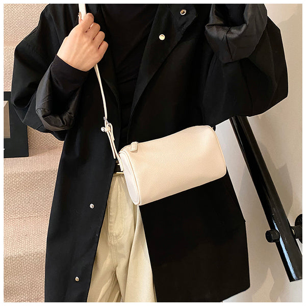 Round Cylindrical Faux PU Leather Shoulder Crossbody Bag Handbag Beige