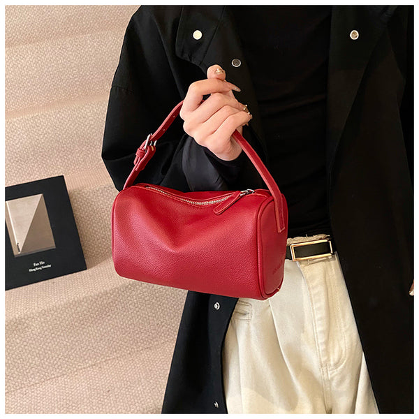 Round Cylindrical Faux PU Leather Shoulder Crossbody Bag Handbag Red