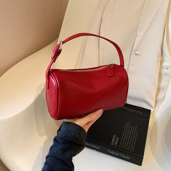 Round Cylindrical Faux PU Leather Shoulder Crossbody Bag Handbag Red