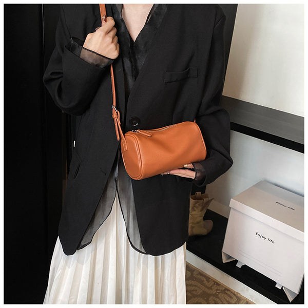 Round Cylindrical Faux PU Leather Shoulder Crossbody Bag Handbag Light Brown