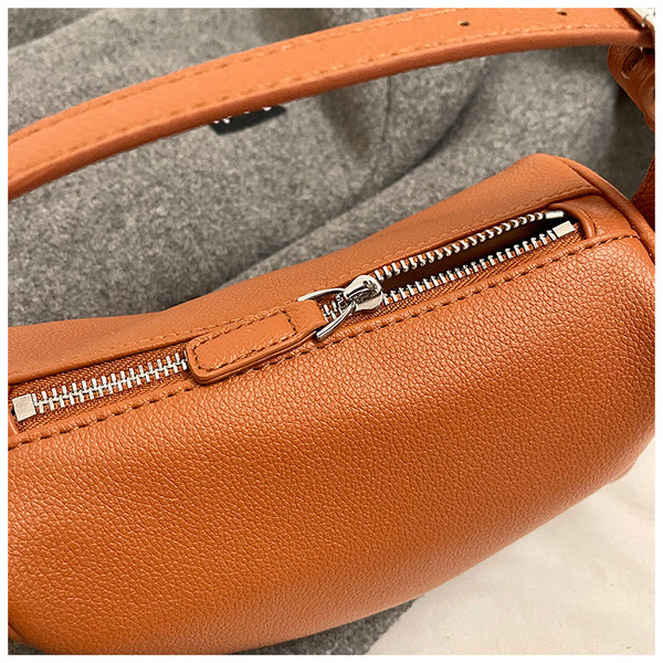 Round Cylindrical Faux PU Leather Shoulder Crossbody Bag Handbag Light Brown