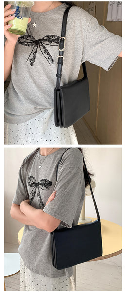 Minimalist Flap Faux PU Leather Crossbody Shoulder Bag Handbag Black