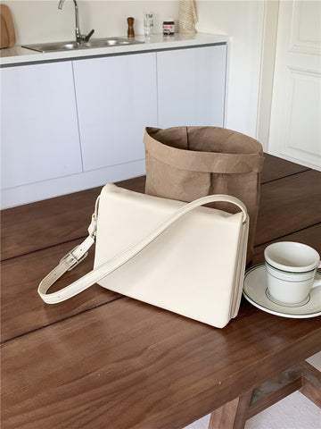 Minimalist Flap Faux PU Leather Crossbody Shoulder Bag Handbag White
