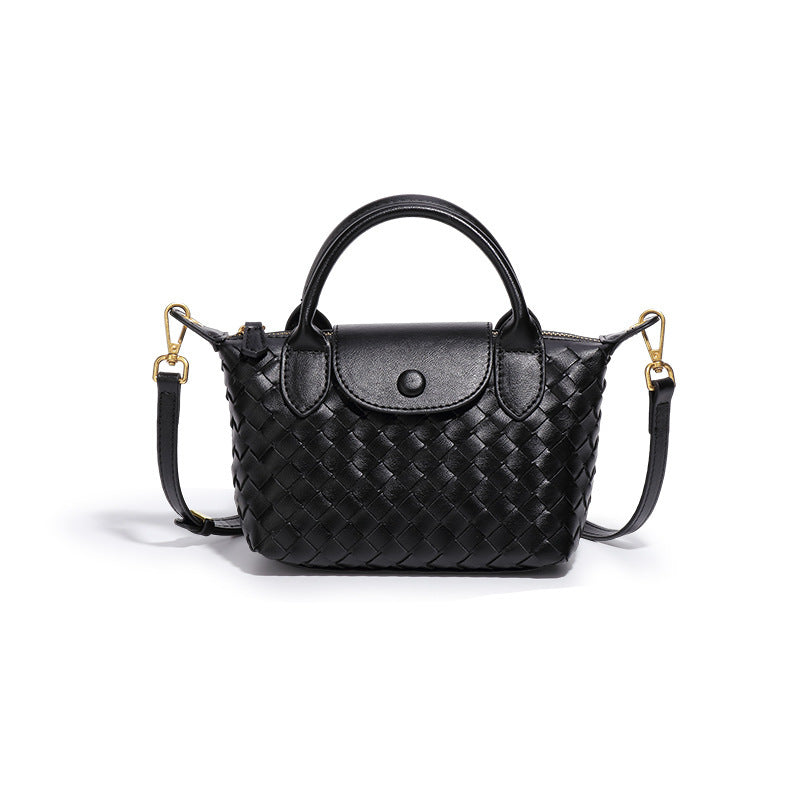 Woven Faux PU Leather Crossbody Shoulder Dumpling Bag Handbag Black