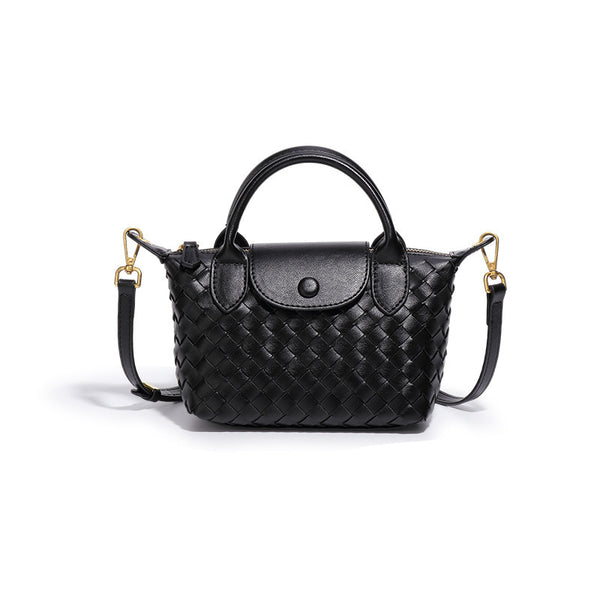 Woven Faux PU Leather Crossbody Shoulder Dumpling Bag Handbag Black