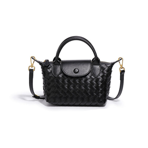 Woven Faux PU Leather Crossbody Shoulder Dumpling Bag Handbag Black