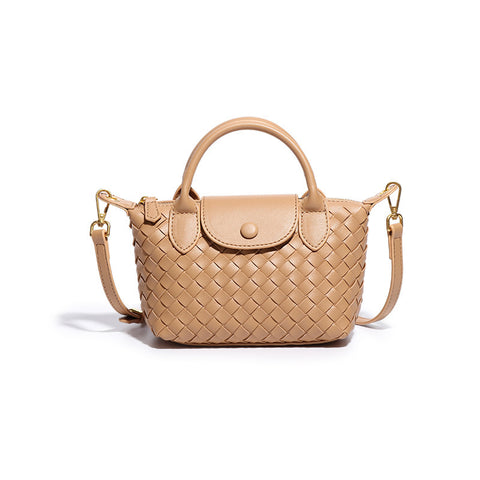 Woven Faux PU Leather Crossbody Shoulder Dumpling Bag Handbag Apricot