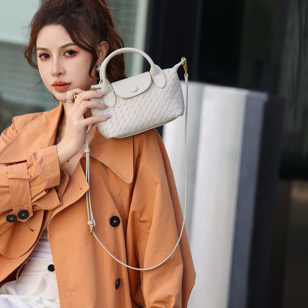 Woven Faux PU Leather Crossbody Shoulder Dumpling Bag Handbag Beige