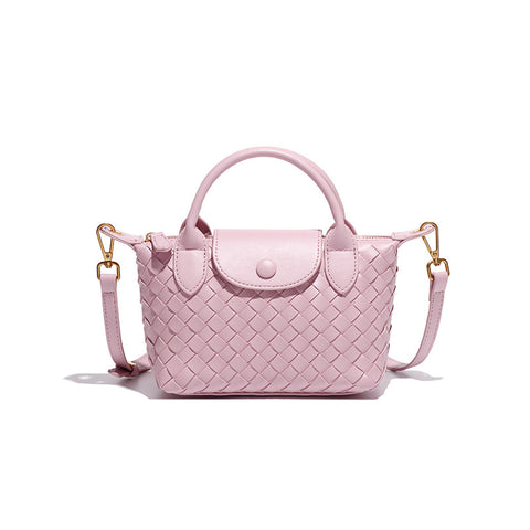 Woven Faux PU Leather Crossbody Shoulder Dumpling Bag Handbag Lotus Pink