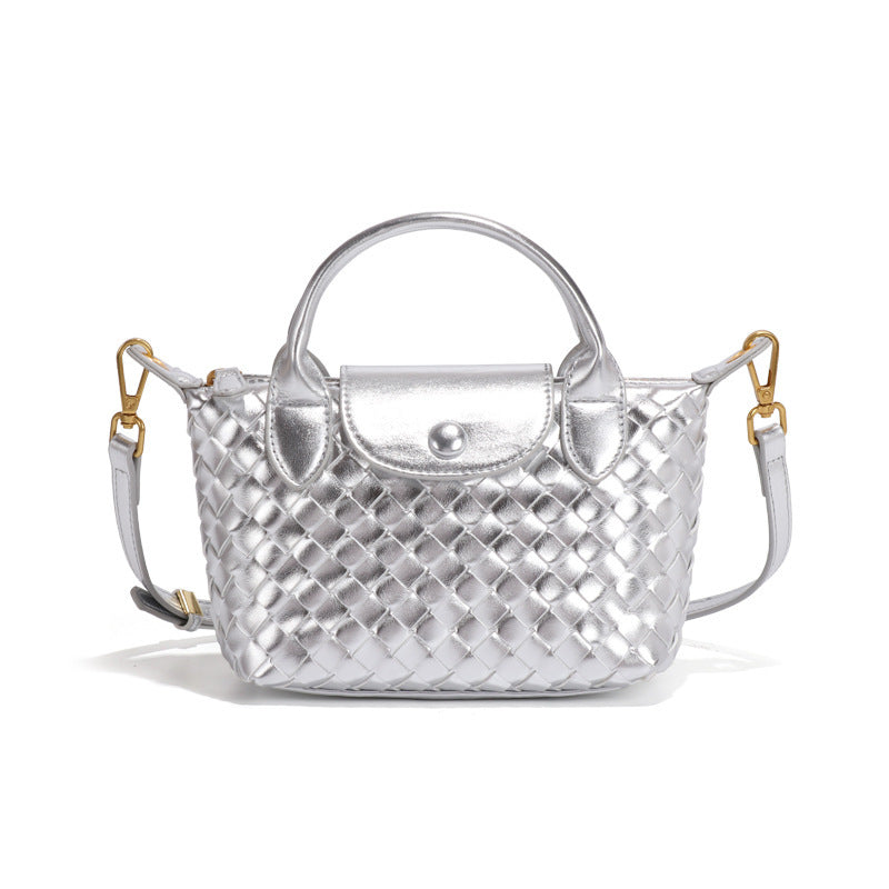 Woven Faux PU Leather Crossbody Shoulder Dumpling Bag Handbag Silver