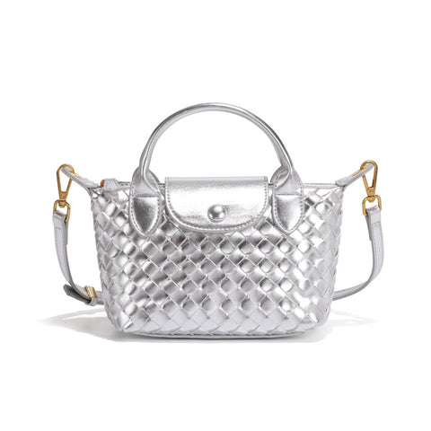 Woven Faux PU Leather Crossbody Shoulder Dumpling Bag Handbag Silver