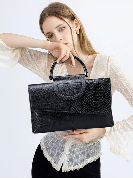 Faux Snakeskin PU Leather Embossed Clutch Shoulder Bag Metal Handle Black