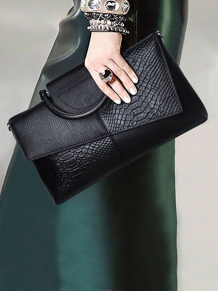 Faux Snakeskin PU Leather Embossed Clutch Shoulder Bag Metal Handle Black