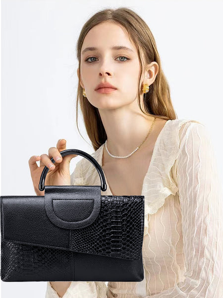 Faux Snakeskin PU Leather Embossed Clutch Shoulder Bag Metal Handle Black