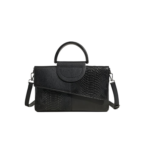Faux Snakeskin PU Leather Embossed Clutch Shoulder Bag Metal Handle Black