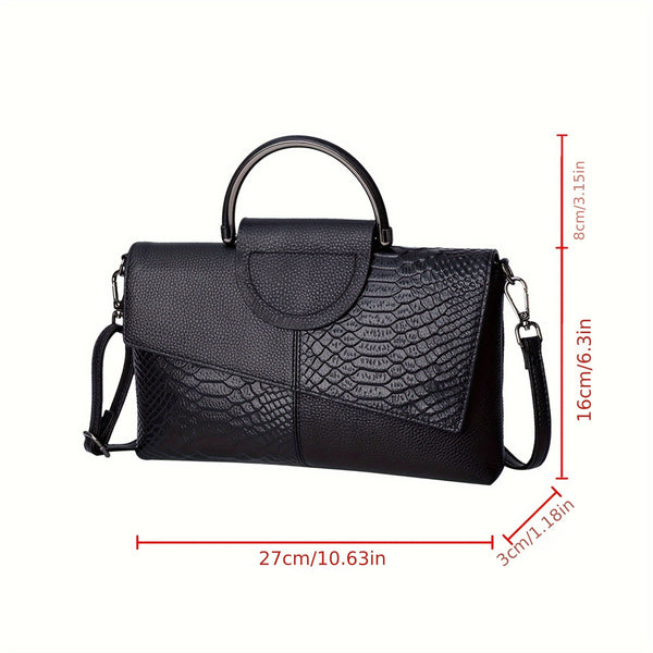 Faux Snakeskin PU Leather Embossed Clutch Shoulder Bag Metal Handle Black
