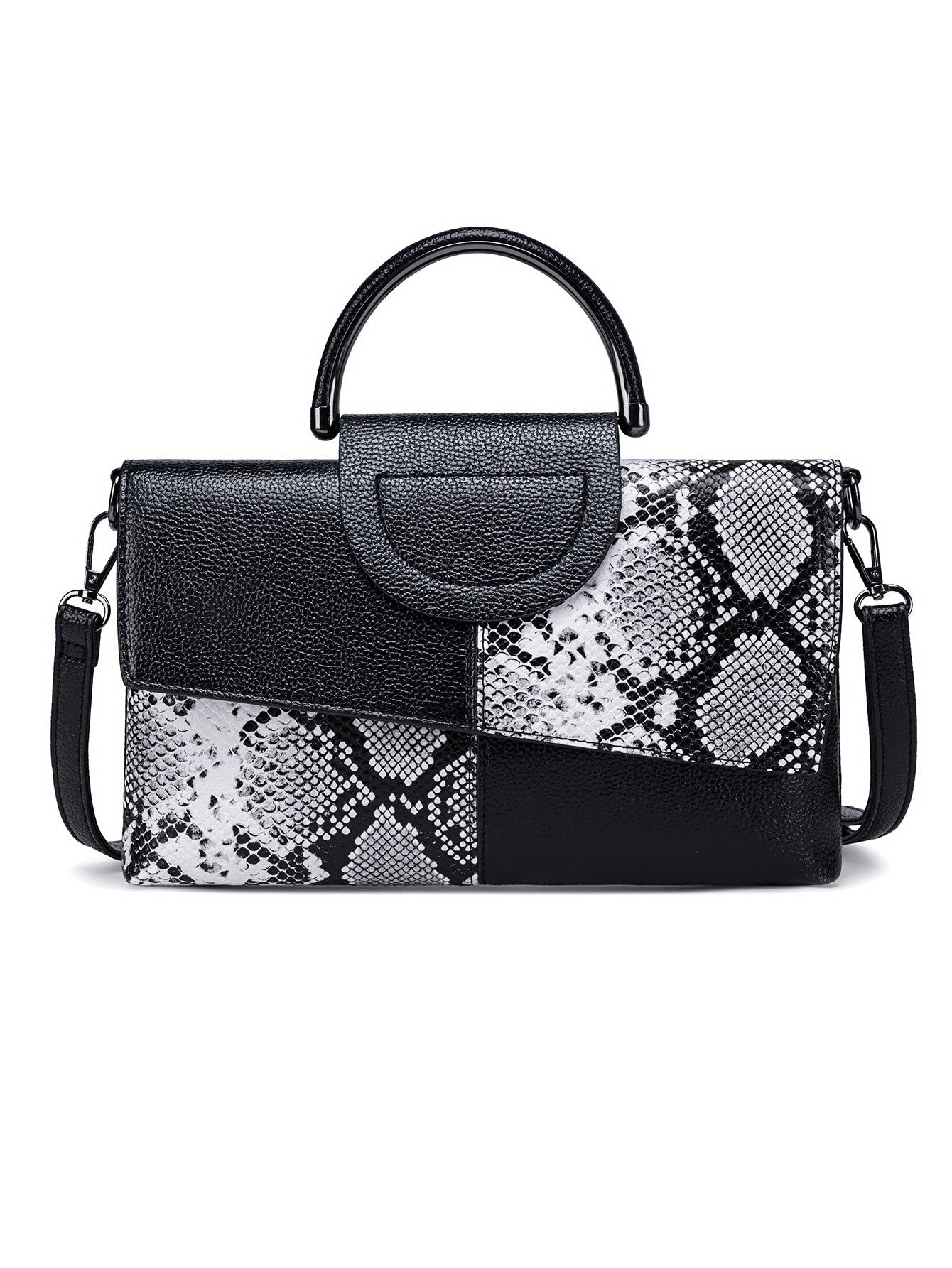Faux Snakeskin PU Leather Embossed Clutch Shoulder Bag Metal Handle Black White