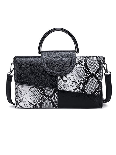 Faux Snakeskin PU Leather Embossed Clutch Shoulder Bag Metal Handle Black White