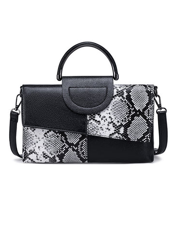 Faux Snakeskin PU Leather Embossed Clutch Shoulder Bag Metal Handle Black White
