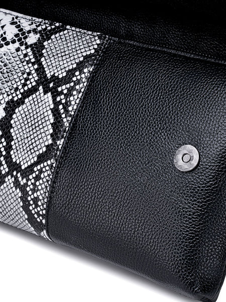 Faux Snakeskin PU Leather Embossed Clutch Shoulder Bag Metal Handle Black White