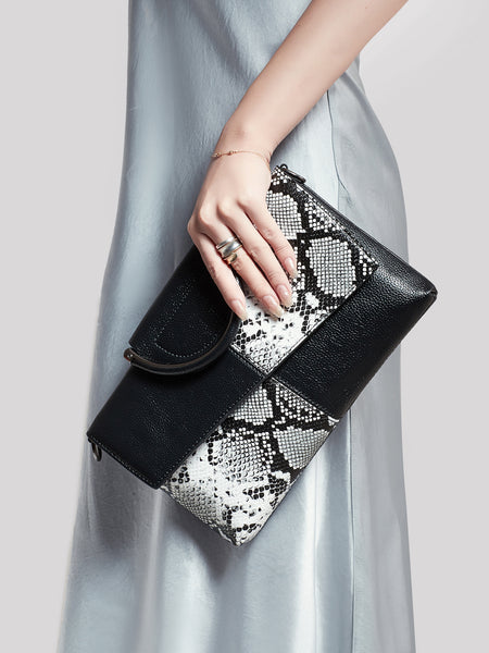 Faux Snakeskin PU Leather Embossed Clutch Shoulder Bag Metal Handle Black White