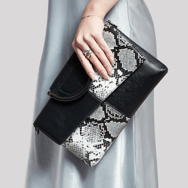 Faux Snakeskin PU Leather Embossed Clutch Shoulder Bag Metal Handle Black White