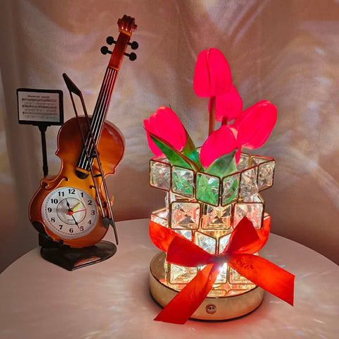 Tulip Crystal Cube LED Table Bedside Lamp Light USB Rechargeable Touch Control Red