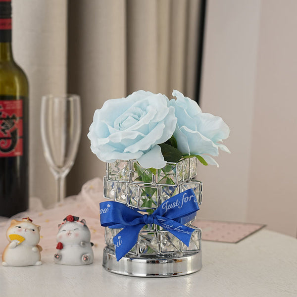 Rose Crystal Cube LED Table Bedside Lamp Light USB Rechargeable Touch Control Blue