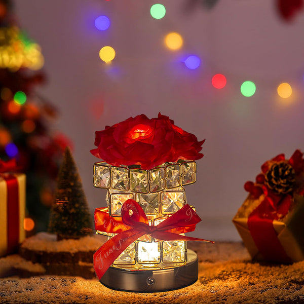Rose Crystal Cube LED Table Bedside Lamp Light USB Rechargeable Touch Control Red