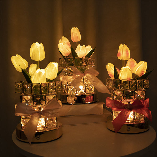 Tulip Crystal Cube LED Table Bedside Lamp Light USB Rechargeable Touch Control Pink