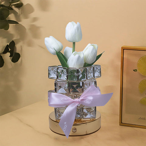 Tulip Crystal Cube LED Table Bedside Lamp Light USB Rechargeable Touch Control White