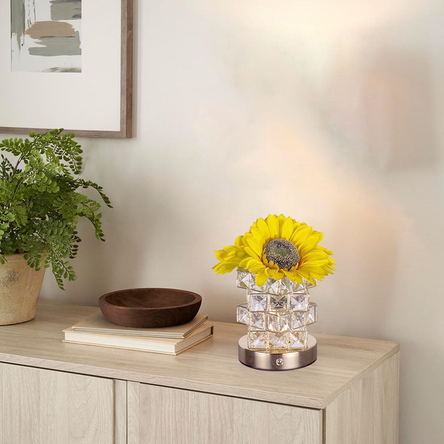 Sunflower Crystal Cube LED Table Bedside Lamp Light USB Rechargeable Touch Control