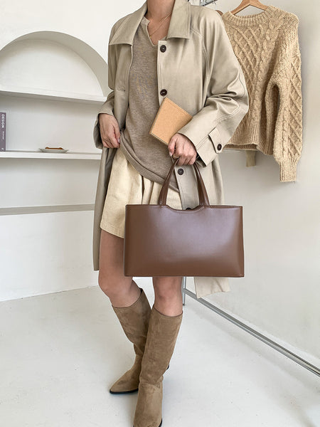 Large Capacity Faux PU Leather Tote Shoulder Bag Handbag Coffee Brown