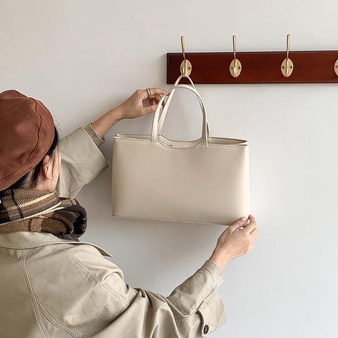 Large Capacity Faux PU Leather Tote Shoulder Bag Handbag Beige